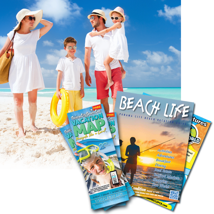 family on beach with pcb guide and pcb map
